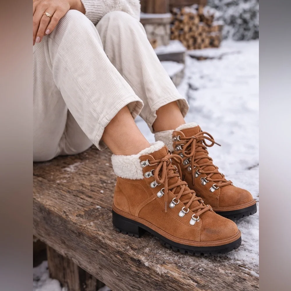 Marc Fisher Suede Hiker Boots Sherpa Lined Lace Up Lug Sole Ankle Boots Size 8.5